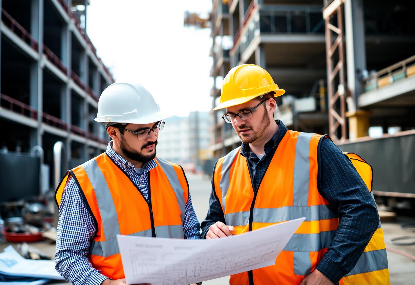 Engineers reviewing blueprints on site